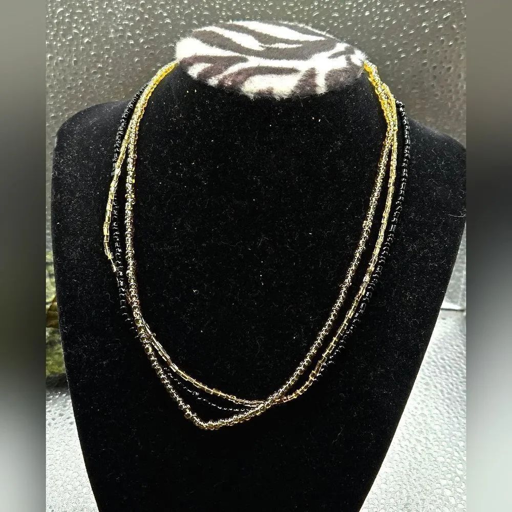 "5/$40" Laura Ashley Triple Strand Gold/Black Bead Adjustable Choker Necklace
